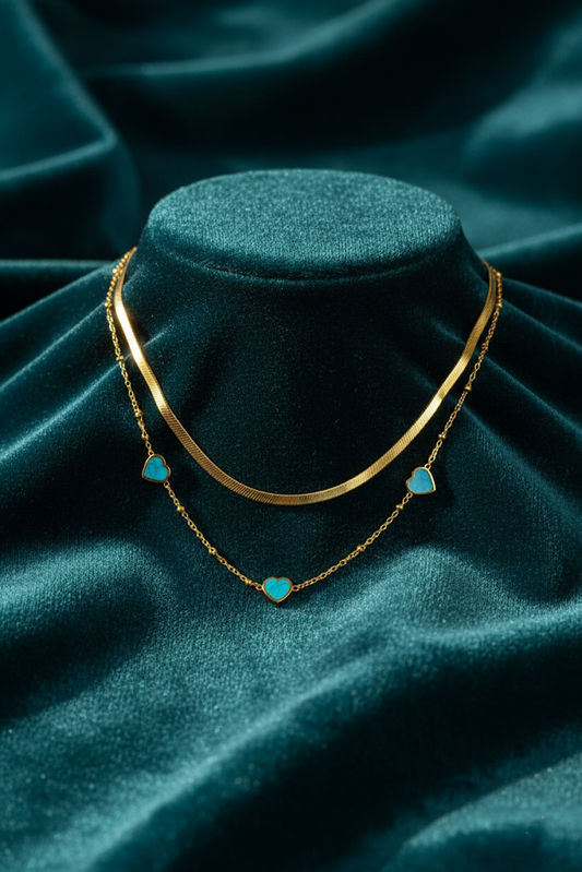 Stainless Steel Layered Necklace Turquoise Heart Charms – Gold