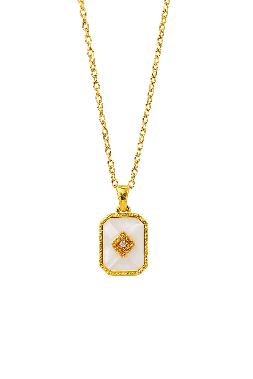 Stainless Steel Rectangular Shell & Crystal Pendant Necklace – Gold