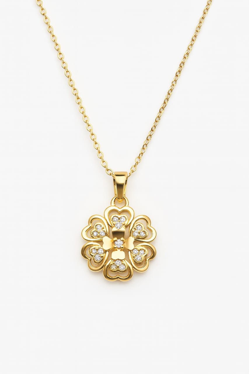 Stainless Steel Crystal Paved Flower Pendant Necklace – Gold