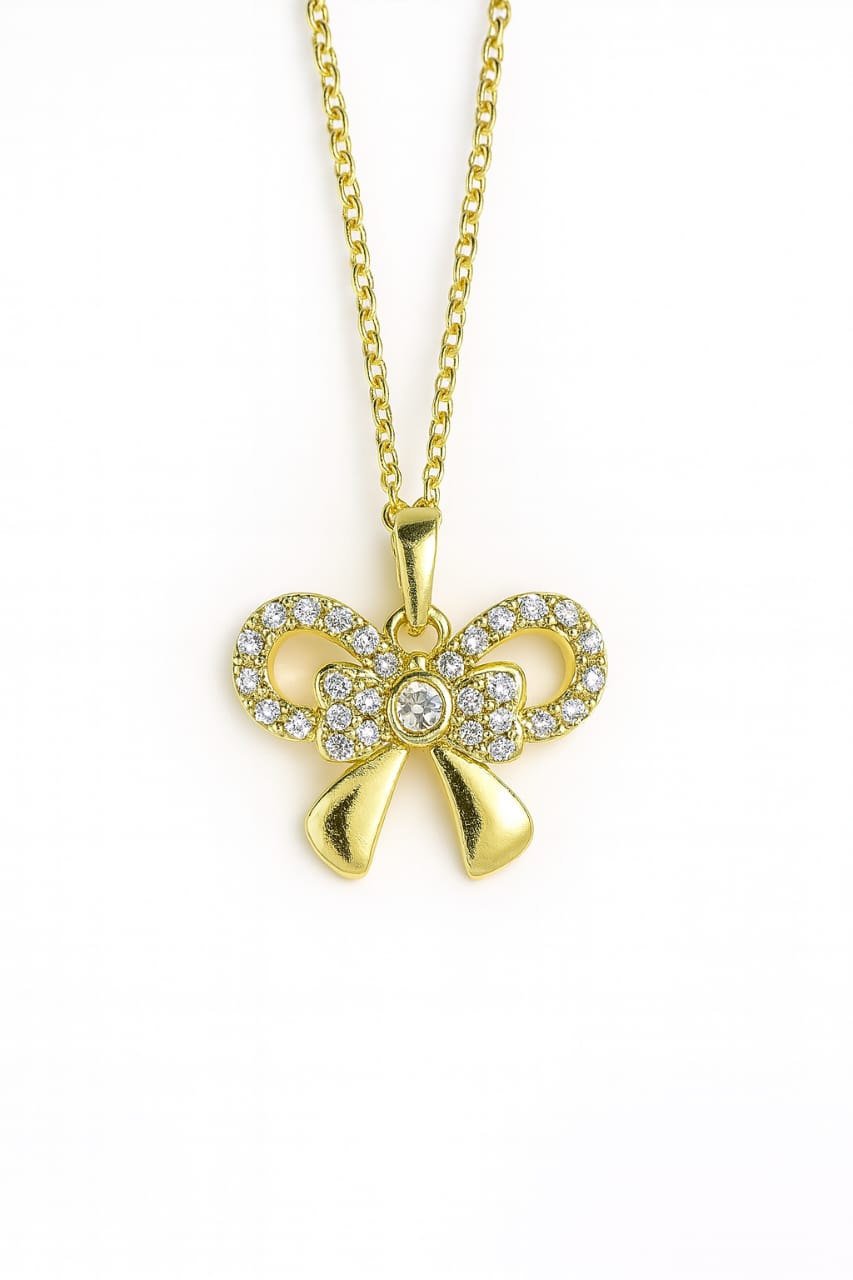 Stainless Steel Crystal Bow Pendant Necklace – Gold