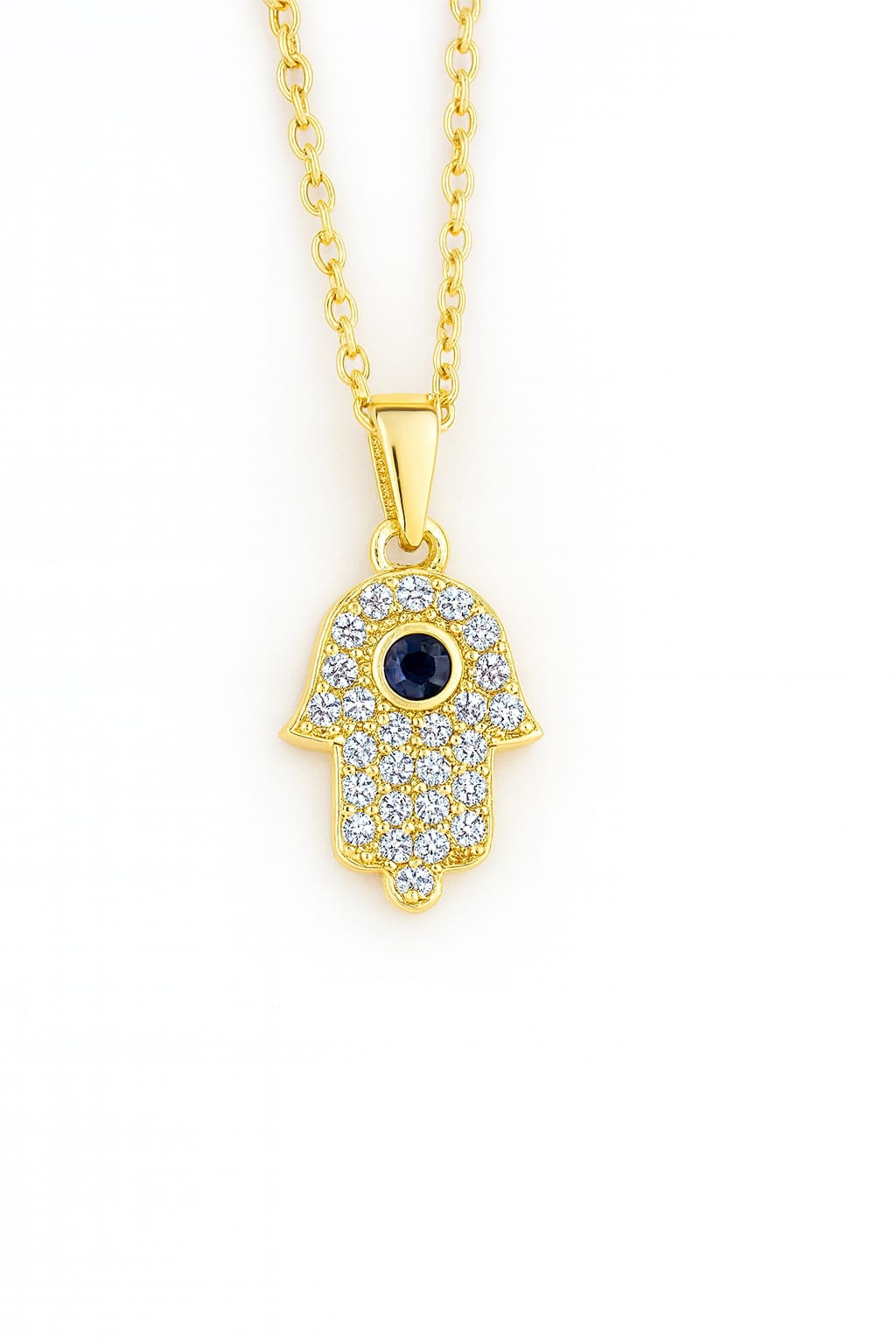 Stainless Steel Crystal Paved Hamsa Hand Pendant Necklace – Gold