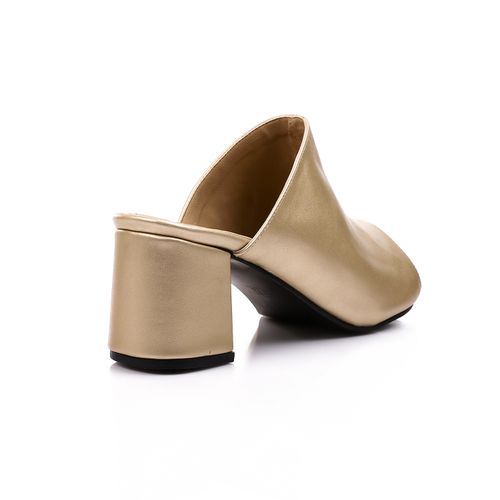 Faux Leather Peep-Toe Block Heel Mules - Gold