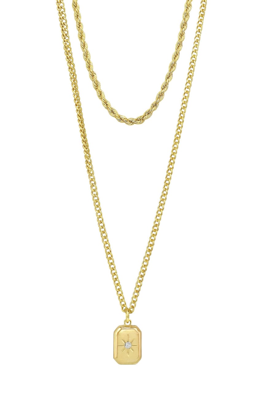 Stainless Steel Double Chain Rectangle Pendant Necklace – Gold