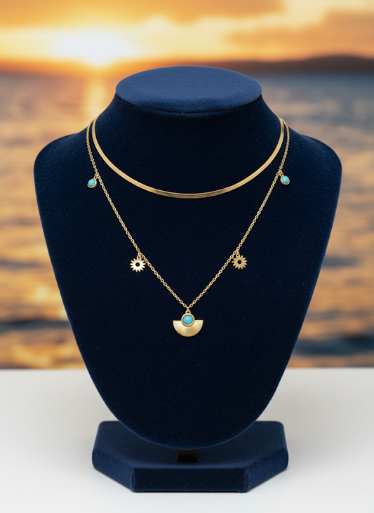 Stainless Steel Double Layer Turquoise Pendant Necklace – Gold