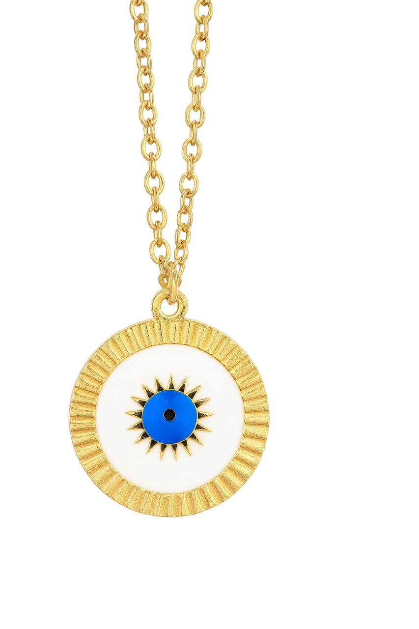 Stainless Steel White & Blue Evil Eye Pendant Necklace – Gold