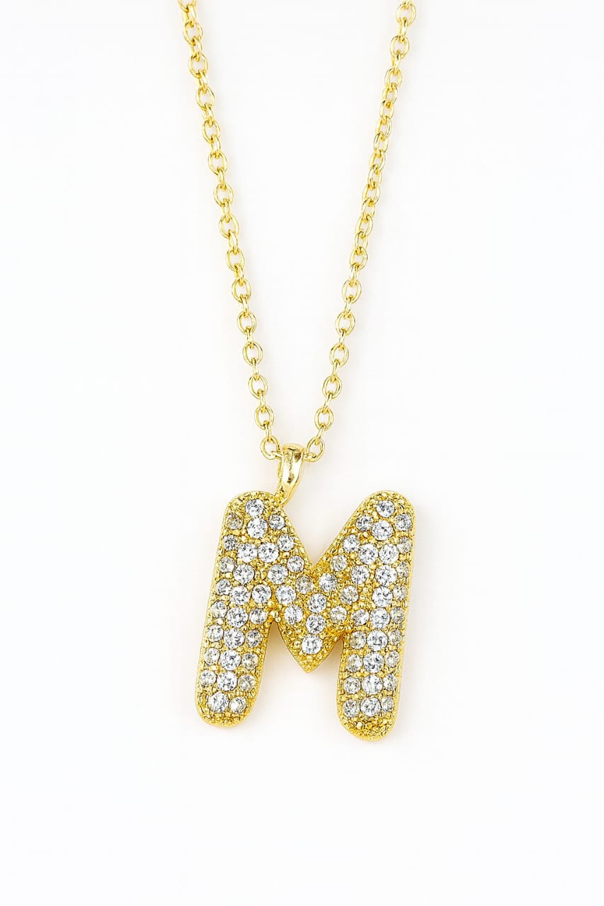 Stainless Steel Crystal Letter M Pendant Necklace – Gold