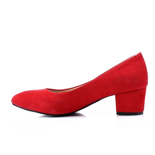 Suede Block Heel Pumps - Red