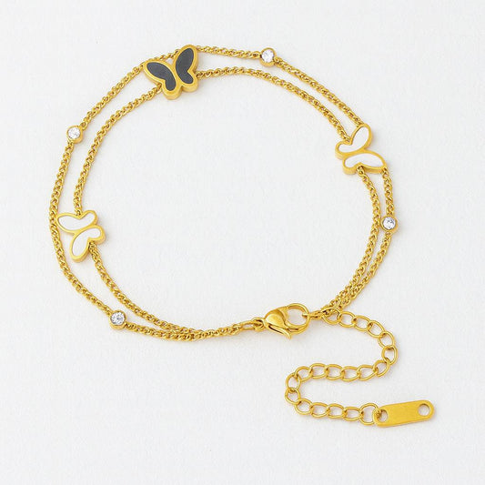 Stainless Steel Double Chain Butterfly Crystal Bracelet – Gold