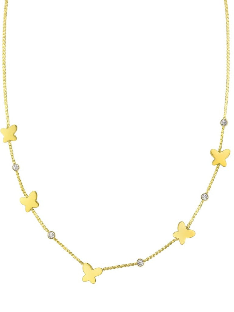 Stainless Steel Butterfly & Crystal Charm Necklace – Gold