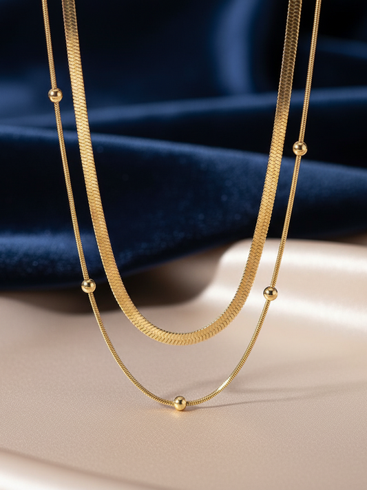 Stainless Steel Layered Necklace with Ball Detail – Gold