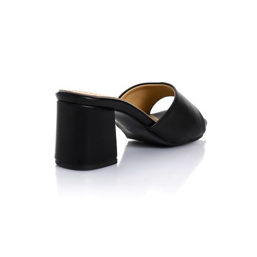 Faux Leather Heeled Slippers - Black