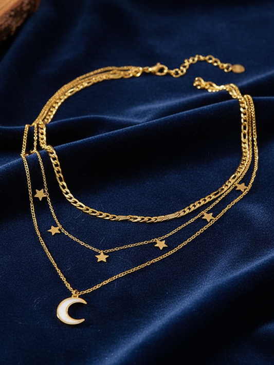 Stainless Steel Layered Moon and Stars Pendant Necklace – Gold