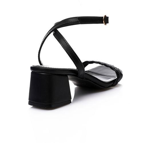 Faux Leather Braided Block Heel Sandal - Black