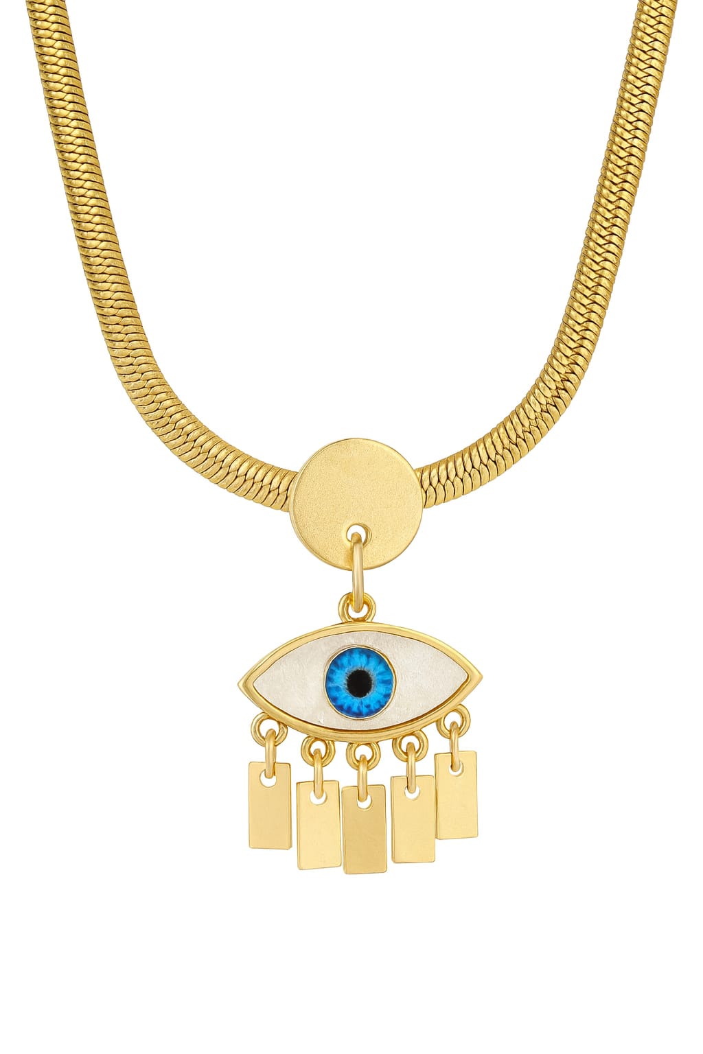 Stainless Steel Blue Eye Pendant Necklace with Tassels – Gold