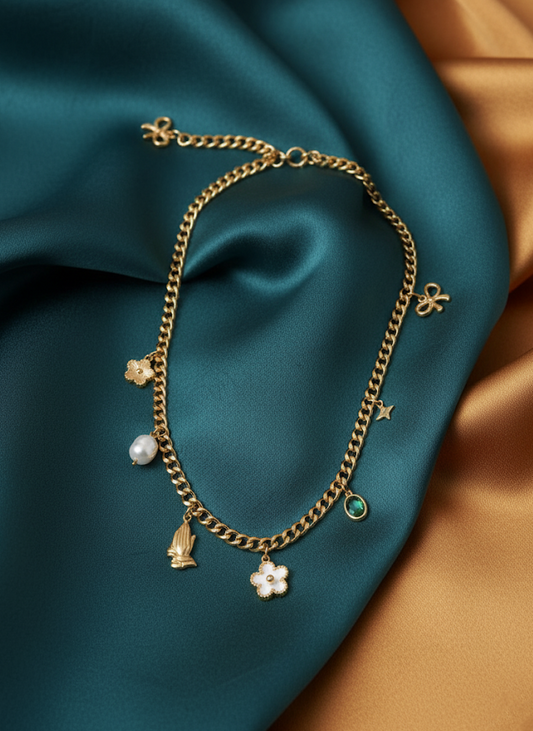 Stainless Steel Multi-Charm Necklace – Gold