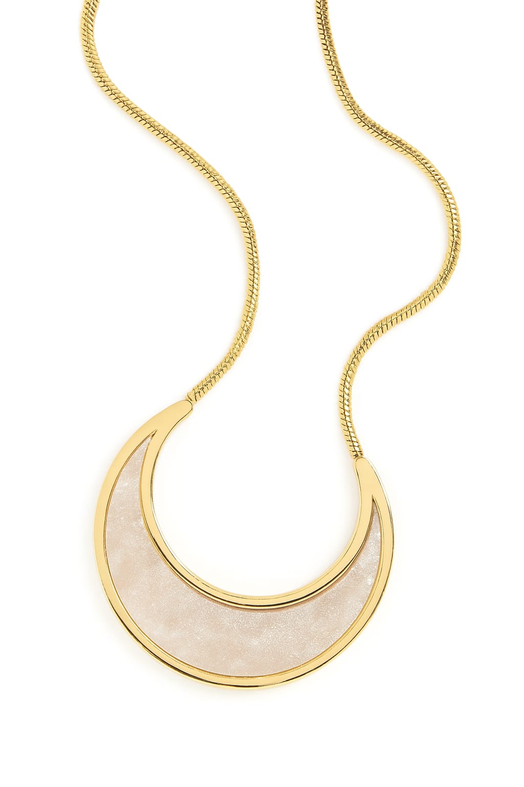 Stainless Steel Crescent Pendant Necklace with White Inlay – Gold