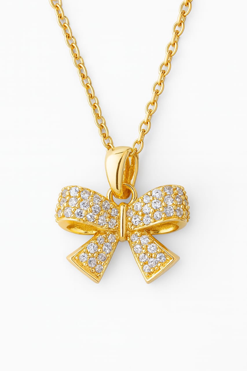 Stainless Steel Crystal Bow Pendant Necklace – Gold