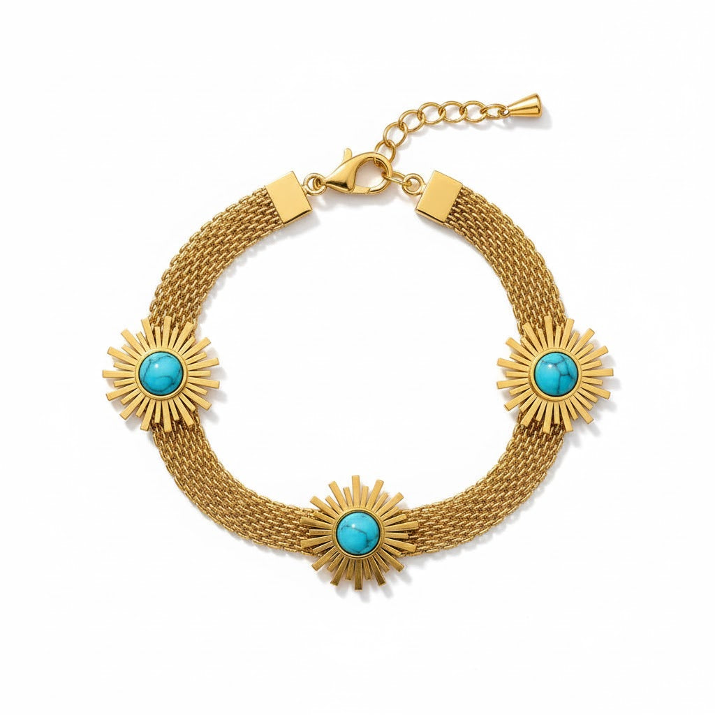 Stainless Steel Turquoise Sun Charm Bracelet – Gold