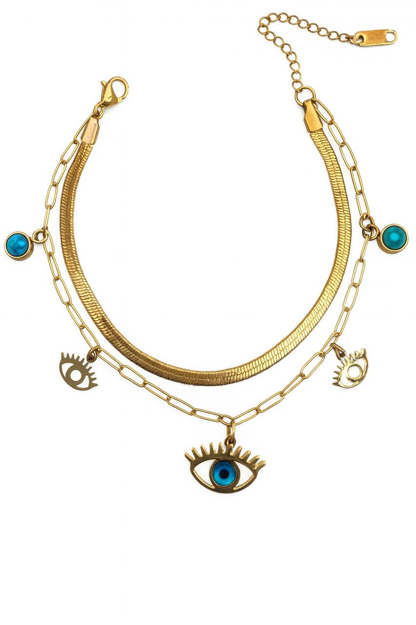 Stainless Steel Layered Evil Eye Charm Bracelet – Gold