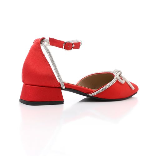 Satin Low Block Heel Shoes - Red