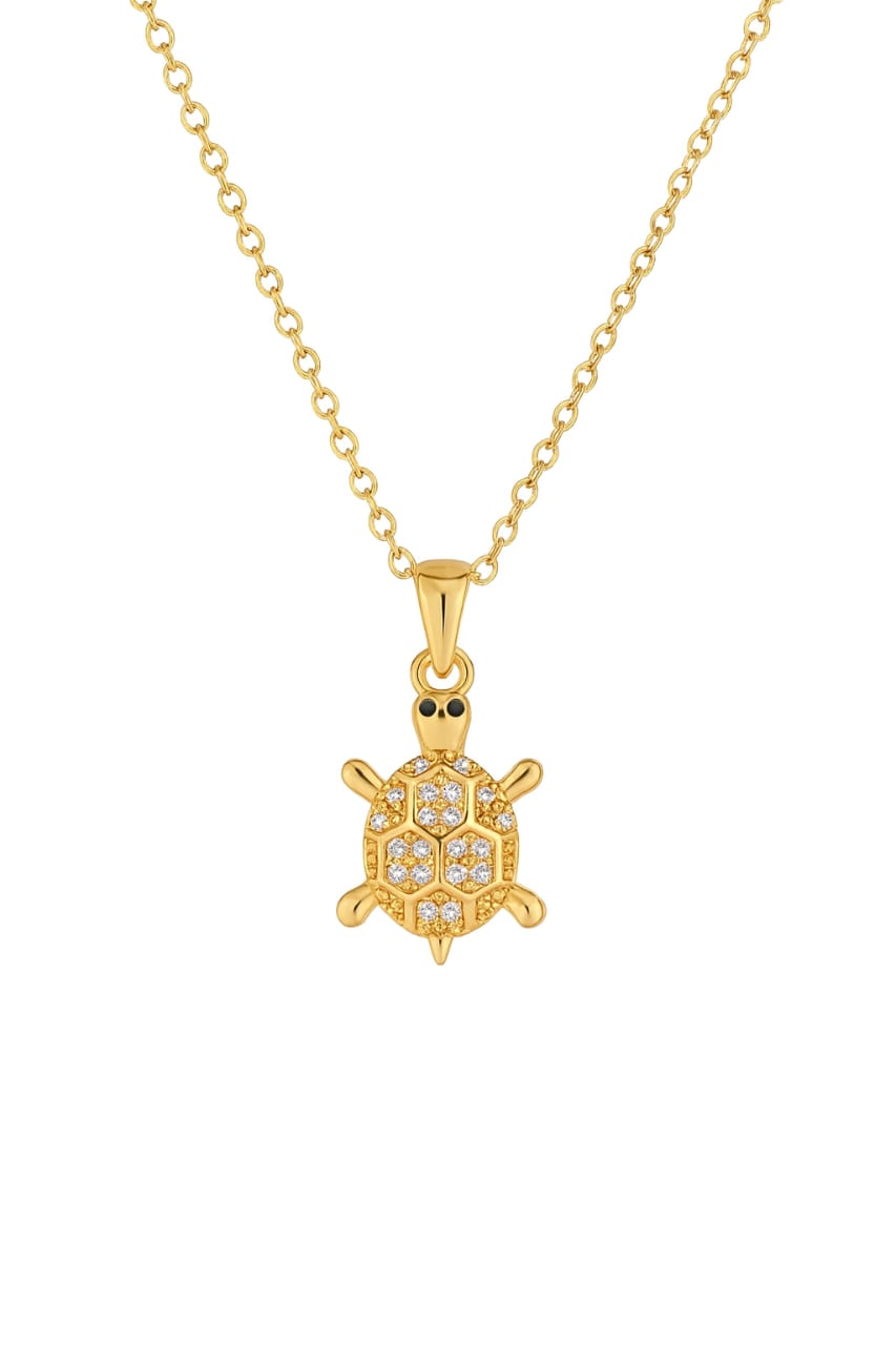 Stainless Steel Crystal Turtle Pendant Necklace – Gold