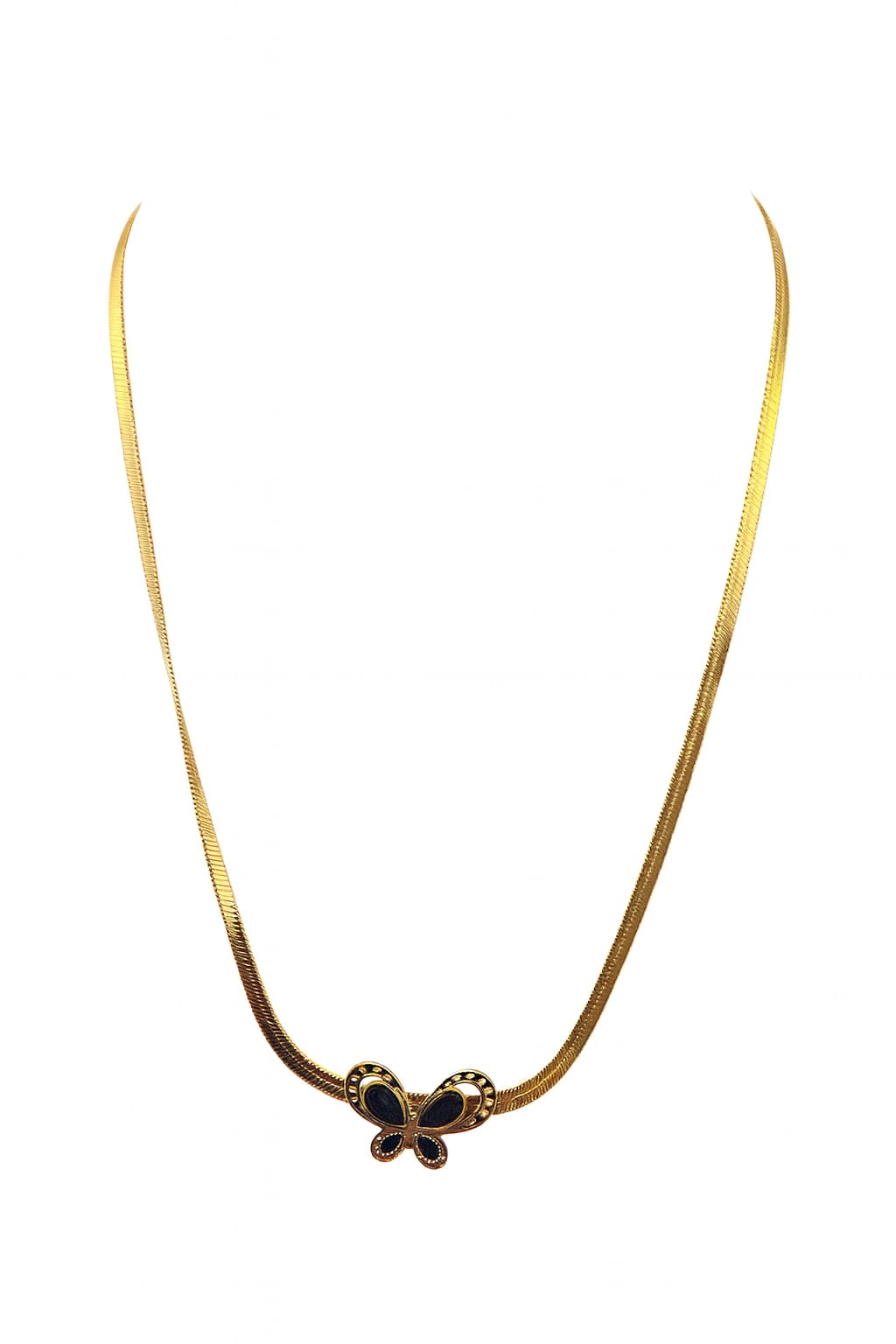 Stainless Steel Snake Chain Black Butterfly Necklace – Gold