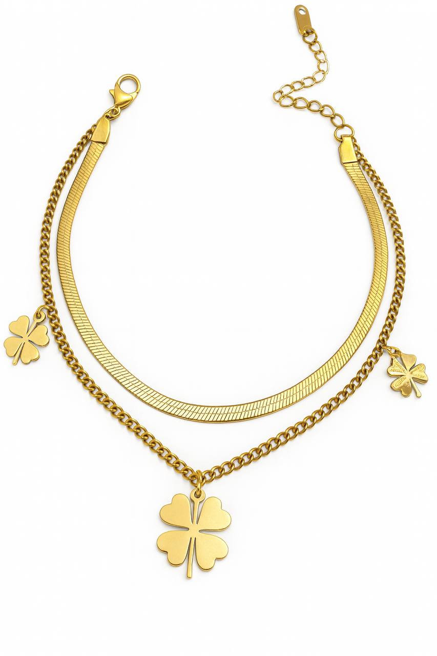 Stainless Steel Two-Layer Clover Charm Bracelet – Gold