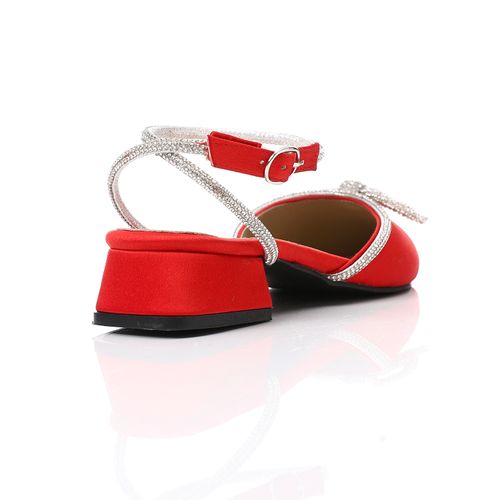 Satin Low Block Heel Shoes - Red
