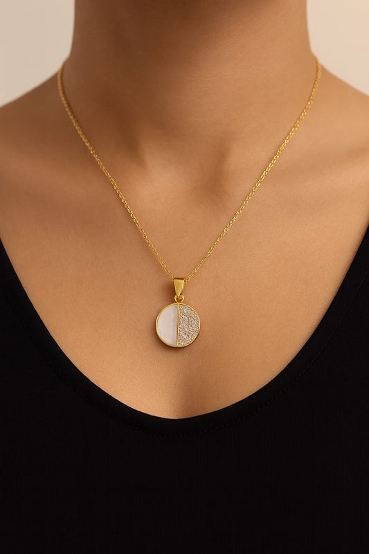 Stainless Steel Split Pave Crystal Pendant Necklace – Gold