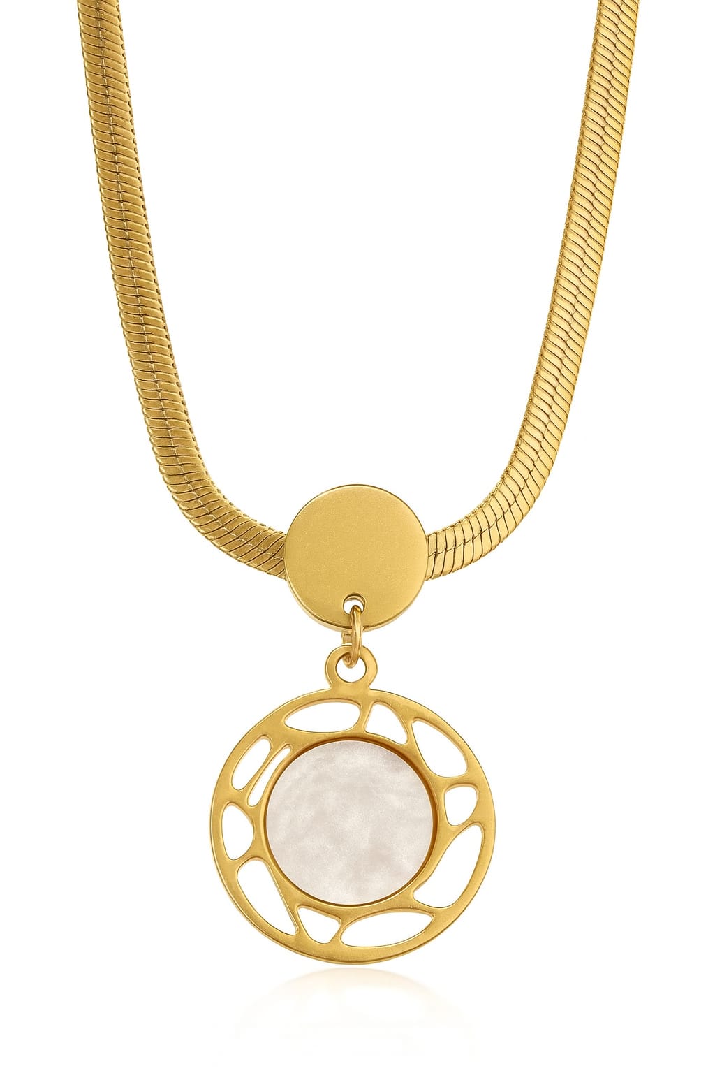 Stainless Steel Circular Pendant Necklace with Shell Stone – Gold