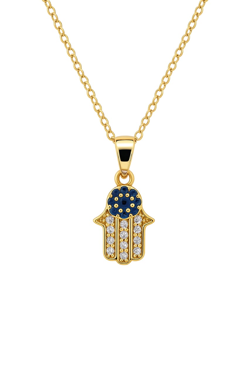Stainless Steel Crystal Hamsa Hand Pendant Necklace – Gold