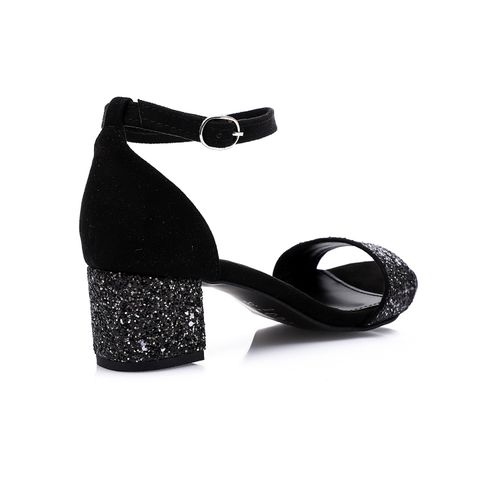 Faux Suede Glitter Block Heel Sandals - Black