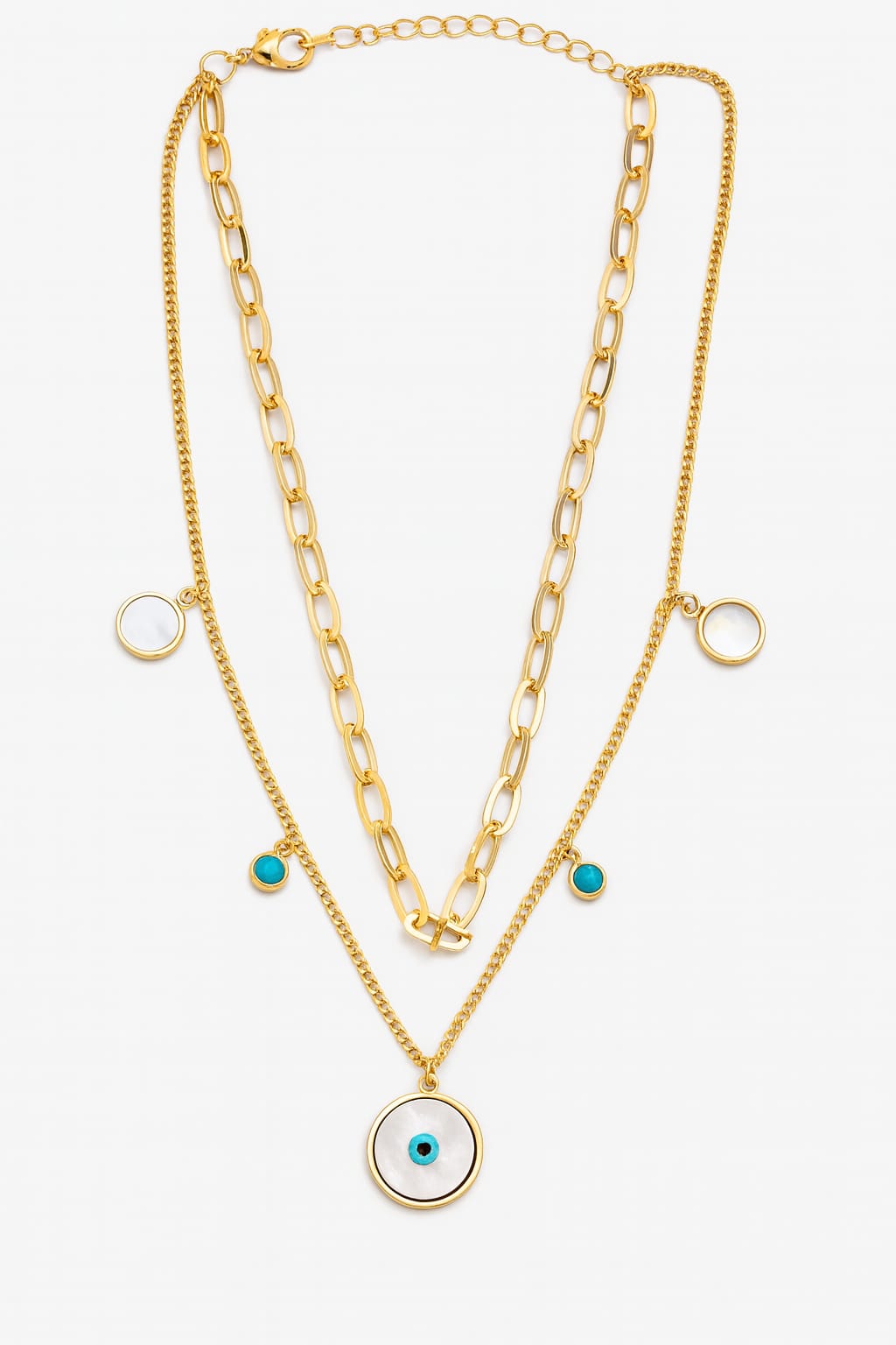 Stainless Steel Layered Evil Eye Charm Necklace Stones – Gold