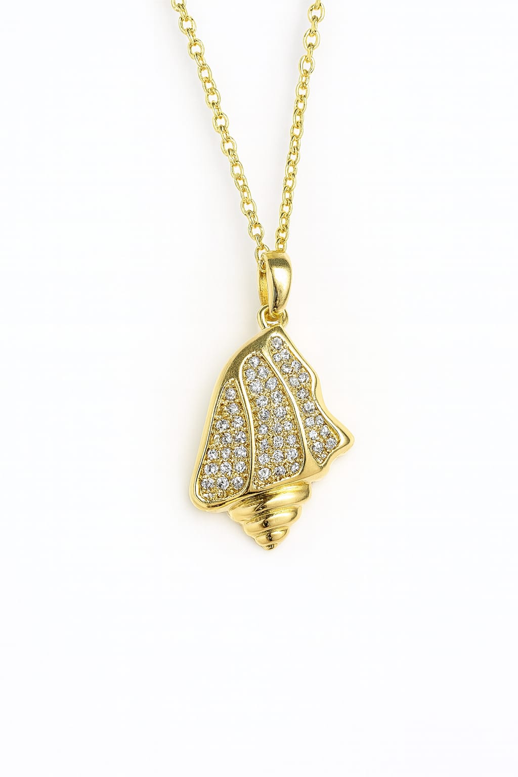 Stainless Steel Crystal Pavé Seashell Pendant Necklace – Gold