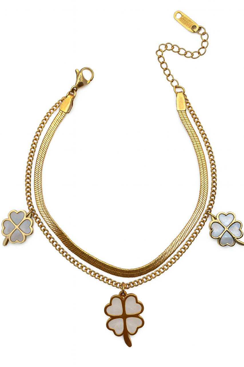 Stainless Steel Double Layer Clover Charm Bracelet – Gold