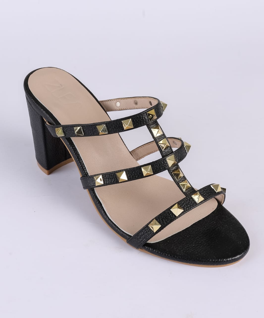 Faux Leather Studded Block Heel Sandals - Black