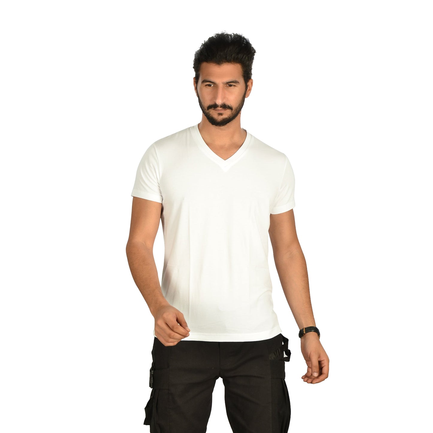 Cotton Lycra Solid V-Neck Short Sleeve T-Shirt – White