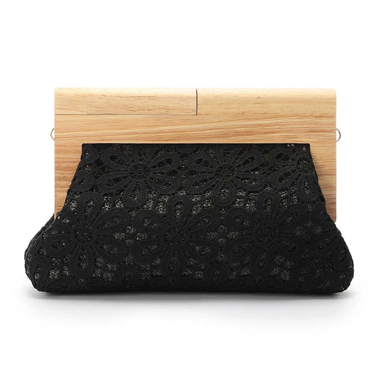 Crochet Floral Pattern Wooden Frame Clutch Shoulder Bag – Black