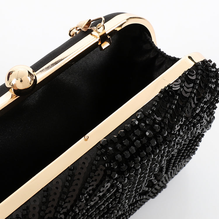 Synthetic Beaded Pattern Hand Bag – Black
