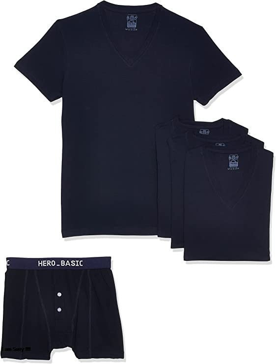 Cotton Solid V-Neck T-Shirt Set of 4 with Free Boxer – Navy