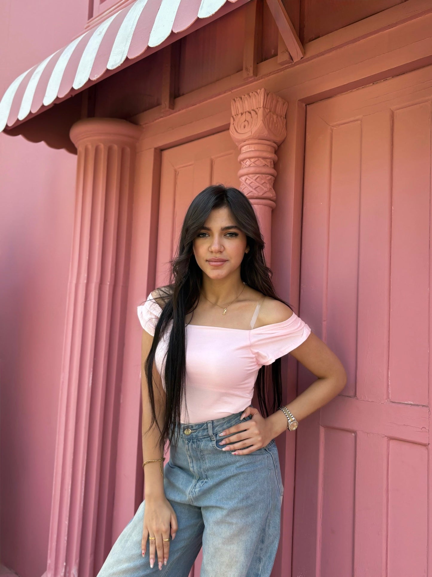 Cotton Stretch Off-Shoulder Casual Top – Pink