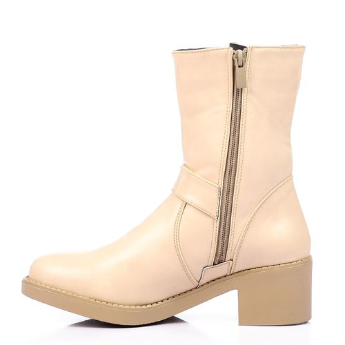 Faux Leather Mid-Calf Buckle Boots – Beige