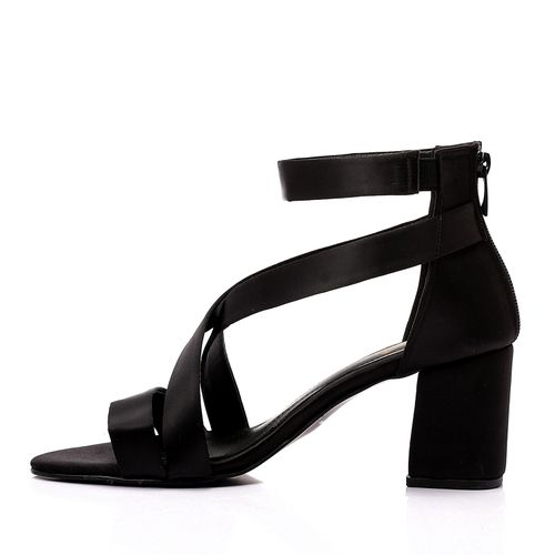 Satin Block Heel Sandals - Black