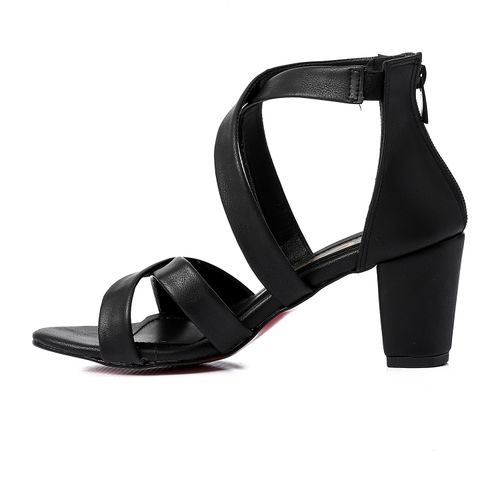 Cross Strap Block Heel Sandals - Black