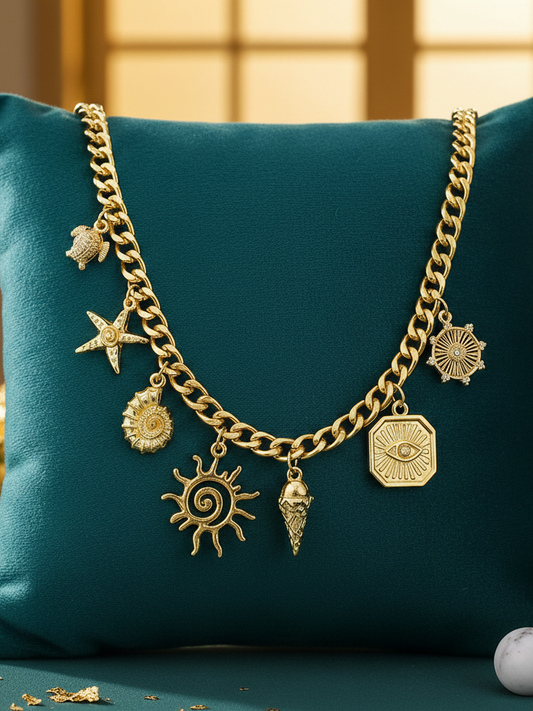 Zinc Alloy Chunky Chain Unique Charms Necklace – Gold