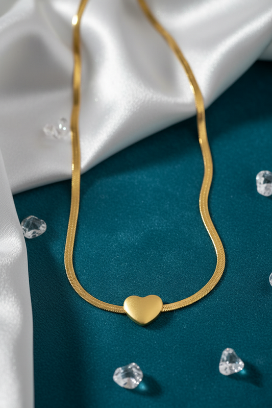Stainless Steel Snake Chain Necklace with Matte Heart Pendant – Gold