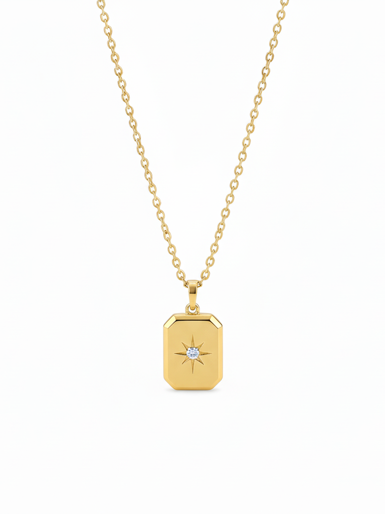 Stainless Steel Rectangular Star Crystal Pendant Necklace – Gold