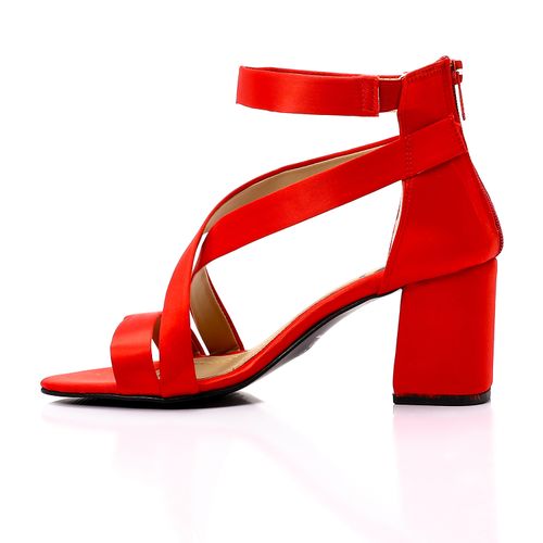 Satin Block Heel Sandals - Red