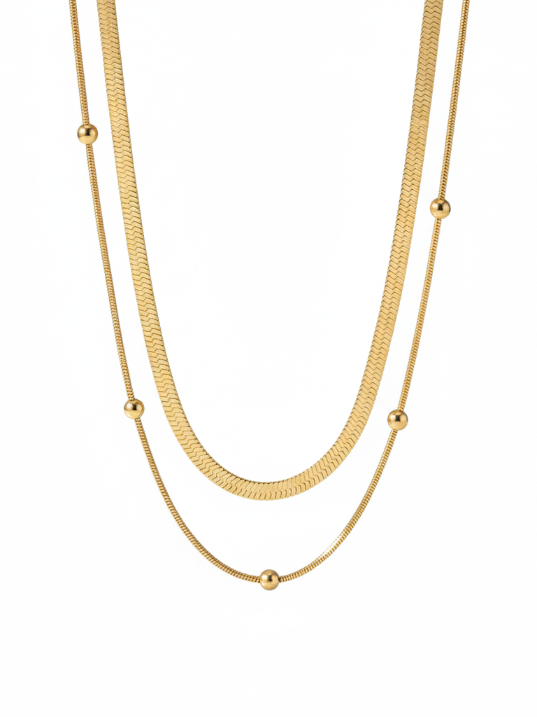 Stainless Steel Layered Necklace with Ball Detail – Gold