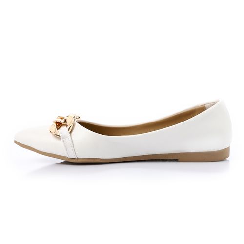 Faux Leather Chain Detail Ballerina - White